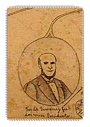 Jos� Mar�a Figueroa Oreamuno. Retrato de Jes�s Jim�nez Zamora Dibujo en tinta sobre papel grueso que aparece en un estudio geneal�gico representado en forma de �rbol