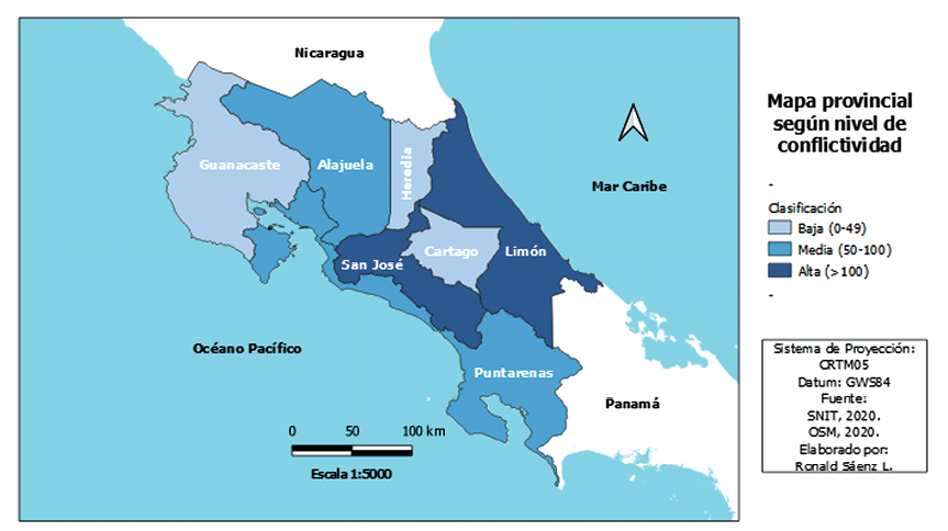 Distribuci�n geogr�fica de la protesta del sector laboral p�blico seg�n provincia y nivel de conflictividad en Costa Rica 20132019