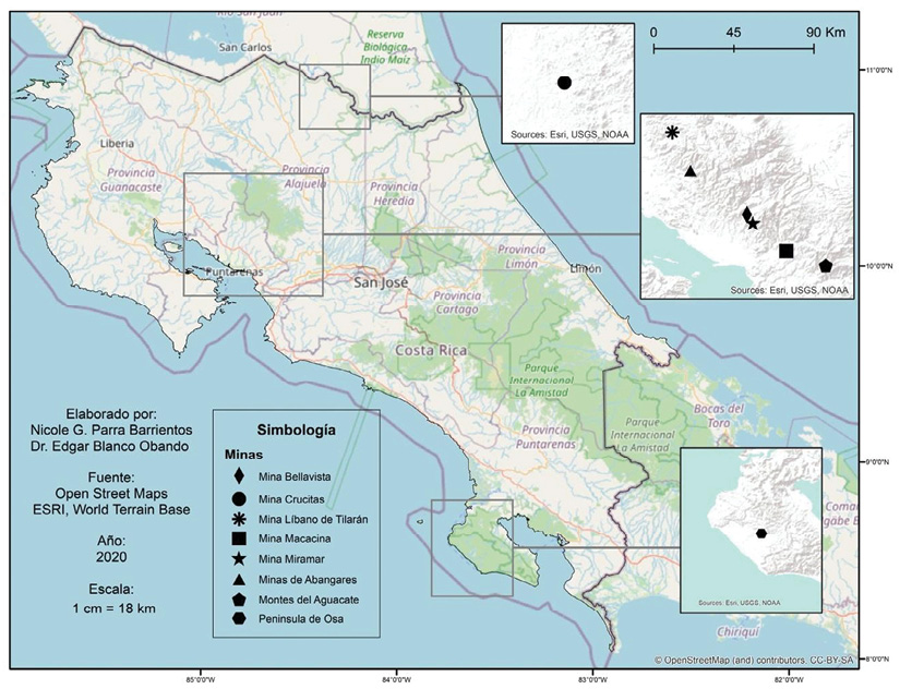 Figura 1. Mapa de Costa Rica: ubicación de los principales proyectos mineros