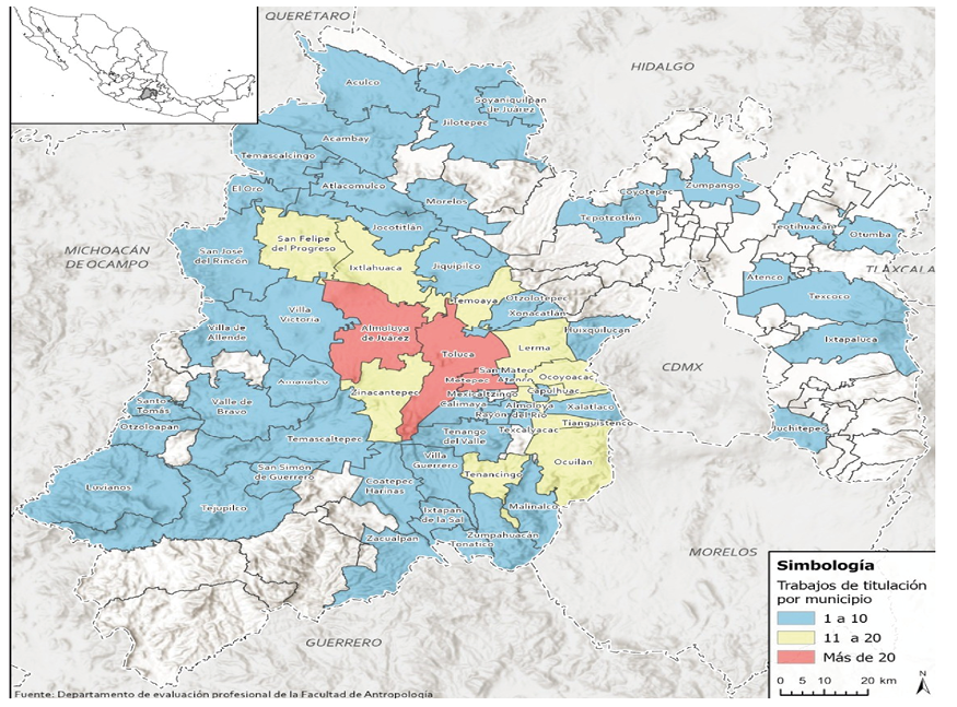 Mapa de la distribuci�n de los trabajos de titulaci�n de la Facultad de Antropolog�a de la UAEMex, seg�n municipio, Rep�blica Mexicana, 1986-2022