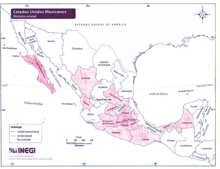 Mapa de la distribuci�n de los trabajos de titulaci�n de la Facultad de Antropolog�a de la UAEMex, seg�n estado, Rep�blica Mexicana, 1986-2022