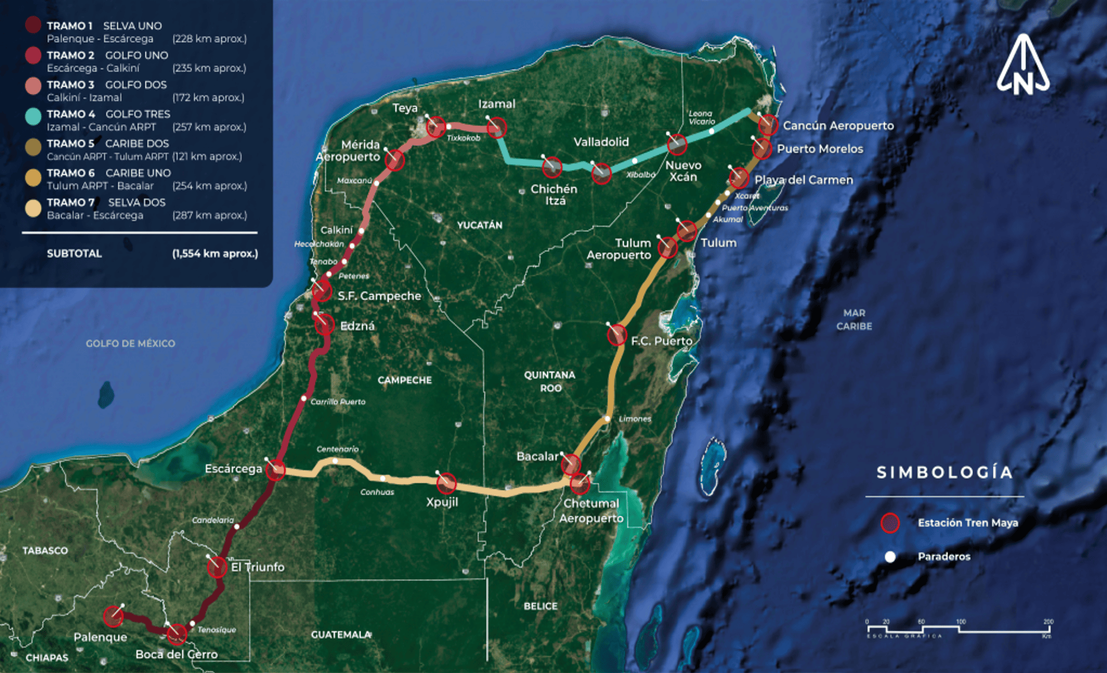 Mapa del Tren Maya, en los Estados de Campeche, Yucat�n, Quintana Roo, Yucat�n y Chiapas en M�xico.