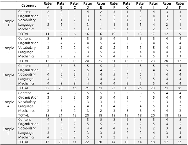 Scores awarded by the raters on each task
