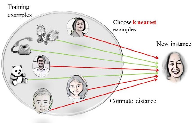 The k-nearest neighbor algorithm selects the k closest examples in order to classify new instances 