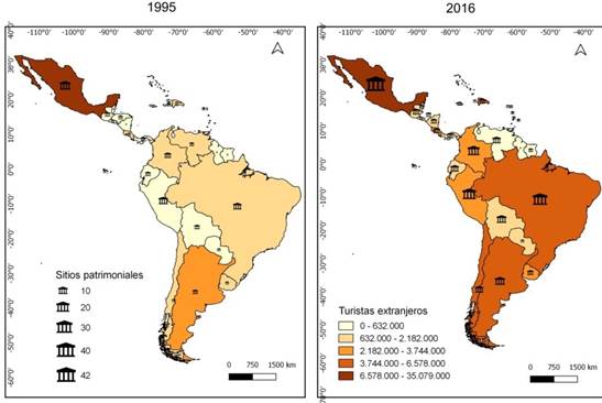 Sitios de Patrimonio Mundial y Arribo de Turistas Internacionales. Am&eacute;rica Latina y El Caribe. 1995 y 2016