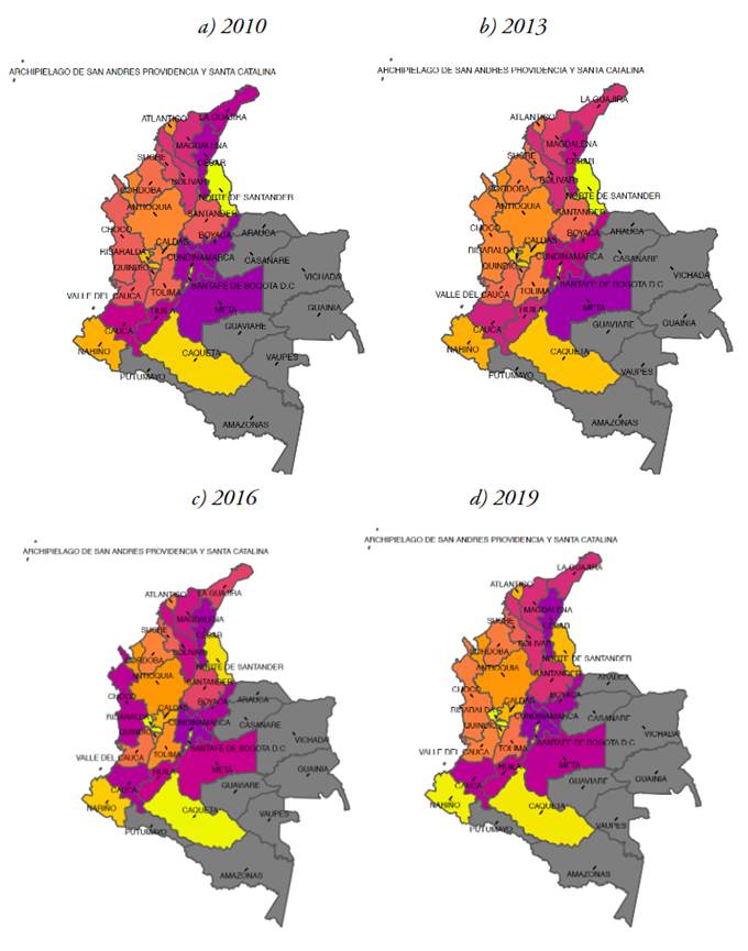 Costos marginales en Colombia) Nota: la representaci&oacute;n gr&aacute;fica de los costos marginales (MCR{t} ) se expresa en promedio anual por cuantiles. El color oscuro presenta menores costos marginales, y el m&aacute;s claro mayores costos marginales. Color gris no representa informaci&oacute;n.