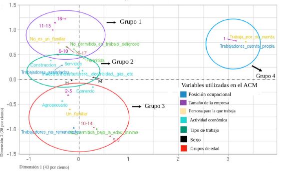 An�lisis de Correspondencia M�ltiple para los trabajadores infantiles seg�n variables sociodemogr�ficas y laborales, M�xico, 2019