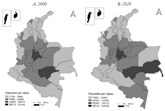 Mapa de impuestos per cpita departamentales, 2000 y 2020