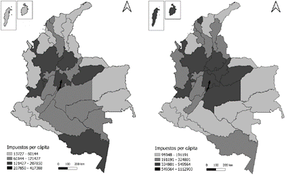 Mapa de impuestos per cpita municipales, 2000 y 2020