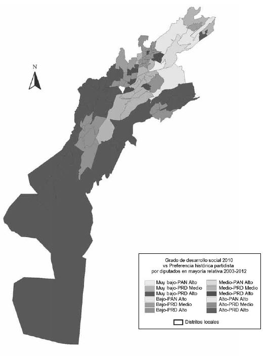 Cuajimalpa. Grado de desarrollo social 2010 y preferencia histórica partidista
por jefes delegacionales, 2003-2012