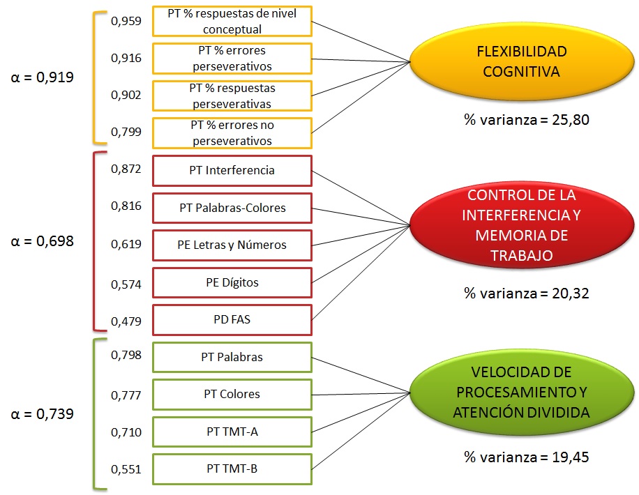 Figura 1.
Consistencia interna (coeficiente de Cronbach). El α para cada factor fue calculado
con los &iacute;tems con carga factorial >0.4.
