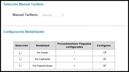 Formulario de parametrizaci&oacute;n de
manual tarifario y modalidades de contrataci&oacute;n