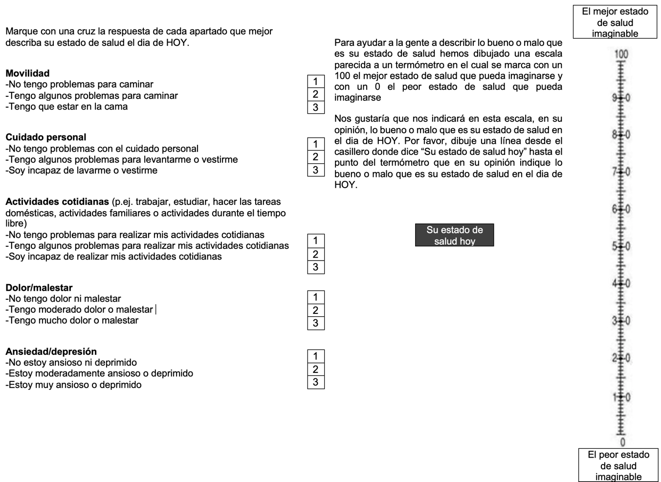 Instrumento gen�rico para la medici�n de la CVRS (EuroQOL-5D-3L). Izquierda: dimensiones con puntuaci�n de 1 a 3, proporcional a la alteraci�n de la respectiva dimensi�n. Derecha: escala de autovaloraci�n del estado de salud con puntuaci�n de 0 a 100, proporcional a un mejor estado de salud