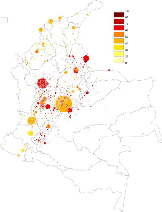 Porcentaje y cantidad de votos NO por municipio.