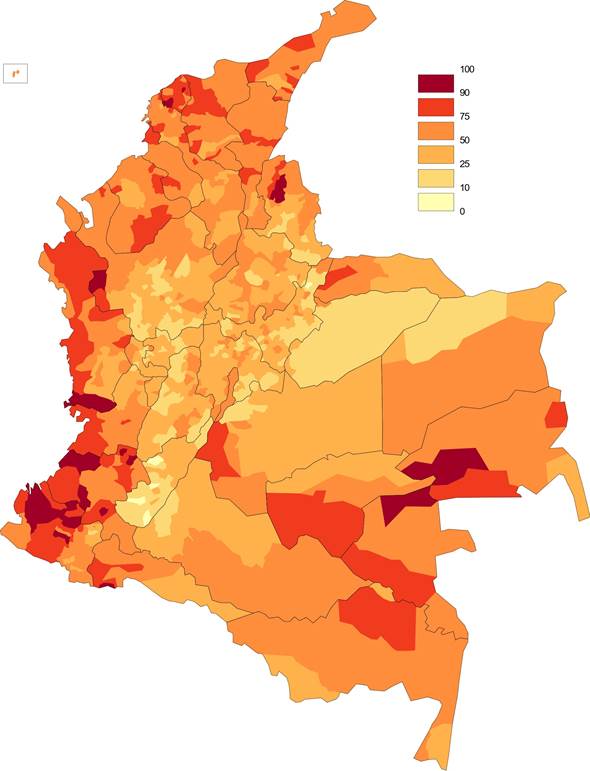 Porcentaje del voto Santos en la segunda vuelta de 2014 (sobre votos válidos).