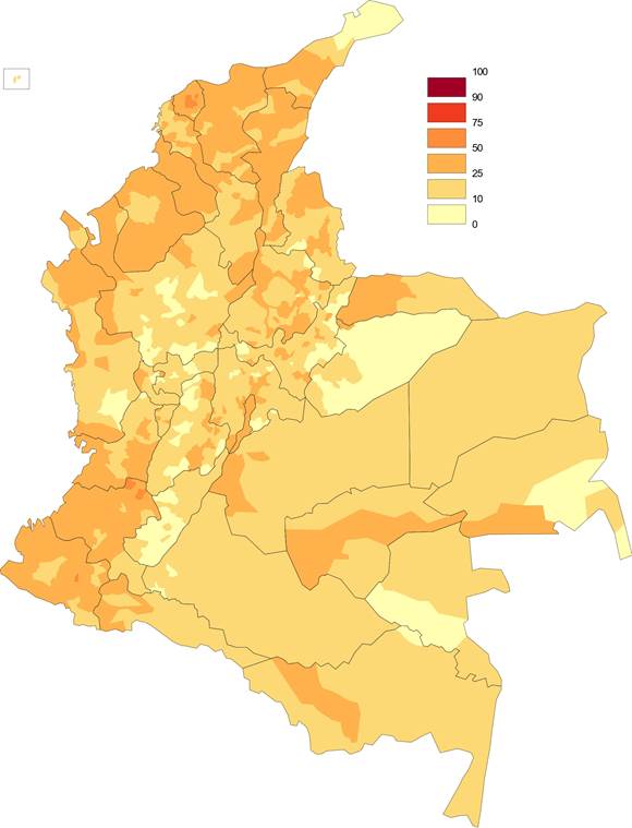 Porcentaje del voto Santos en la segunda vuelta de 2014 (sobre número de electores inscritos).