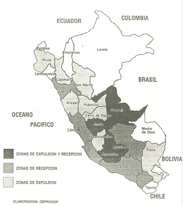 Zonas de recepción y expulsión de desplazados en Perú.