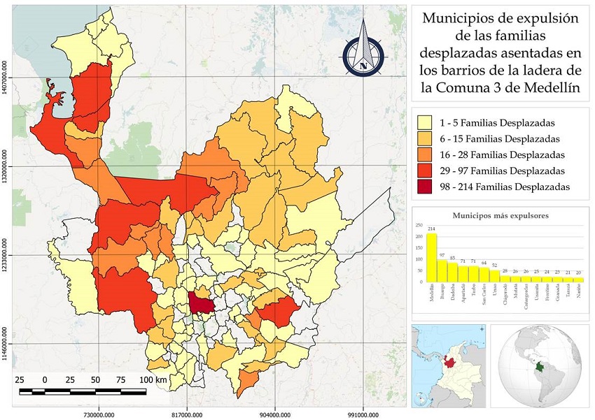 Municipios de expulsi&oacute;n de las familias desplazadas asentadas en los barrios de la ladera de la Comuna 3 de Medell&iacute;n.