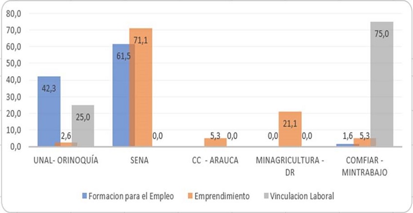 Participación en programas de actores públicos territoriales en el fomento y fortalecimiento del trabajo y emprendimiento juvenil (1991-2019), en porcentajes.