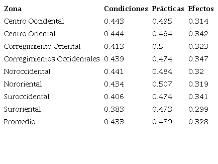 Resultados de los &iacute;ndices de las dimensiones por zona.