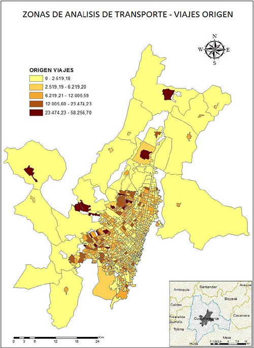 Viajes origen. Zonas de análisis de transporte