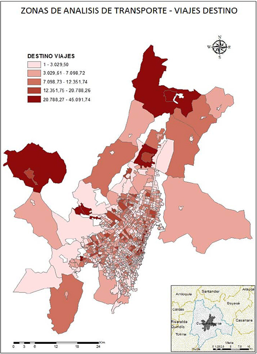 Viajes de destino. Zonas de análisis de transporte
