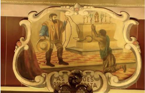 Driendl, Thomas (1884-1888). Cena do milagre das correntes do escravo Zacarias. Forro da Matriz Bas&iacute;lica Nossa Senhora Aparecida. Foto do autor, 15 set. 2011.