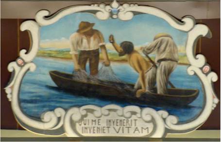 Driendl, Thomas (1884-1888). Cena do milagre das redes e do achado da imagem. Forro da Matriz Bas&iacute;lica Nossa Senhora Aparecida. Foto do autor, 15 set. 2011.