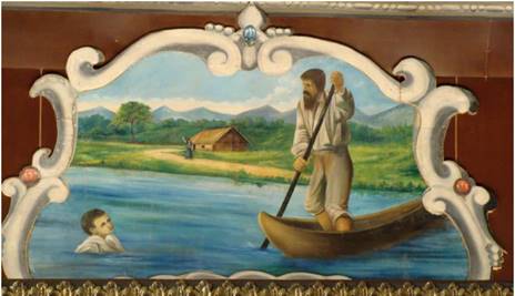 Driendl, Thomas (1884-1888). Cena do milagre do afogamento. Forro da Matriz Bas&iacute;lica Nossa Senhora Aparecida. Foto do autor, 15 set. 2011.