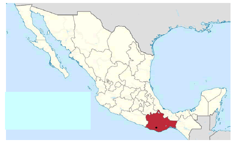 Ubicación de Oaxaca (color guindo) con énfasis en el Municipio de San Jerónimo Coatlán (resaltado en el óvalo ne­gro). 