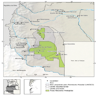 Ubicaci�n de las �reas afectadas a la patrimonializaci�n mundial en el sur de Mendozat