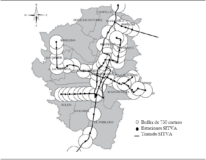 Zona de influencia del Metro (750 metros)
