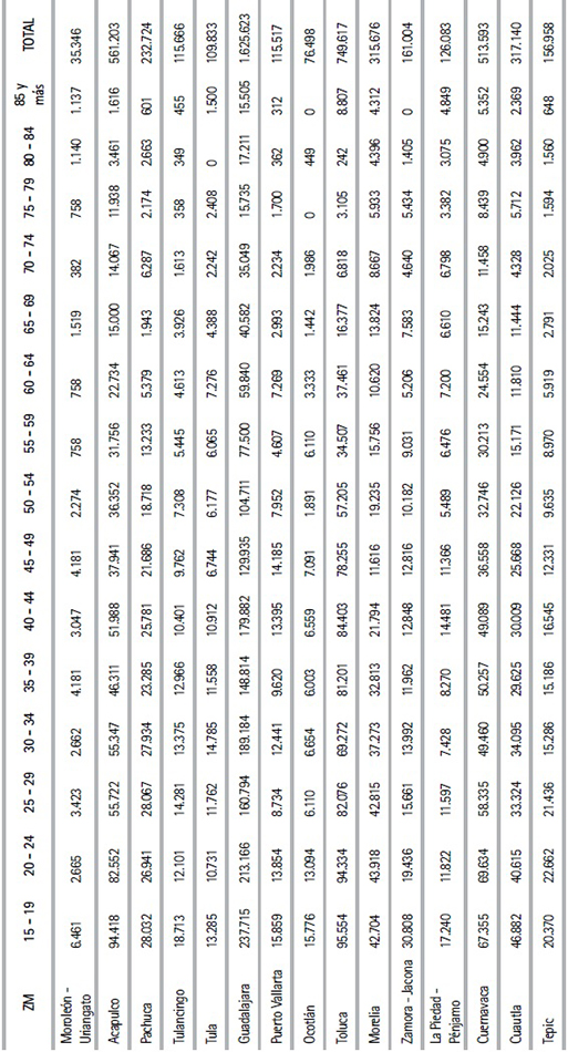 Edad por grupos quinquenales de la poblaci&oacute;n informal por zona
metropolitana (miles de personas) [Cont.]