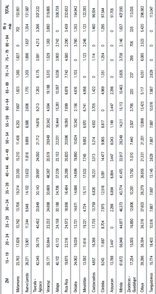 Edad por grupos quinquenales de la poblaci&oacute;n informal por zona
metropolitana (miles de personas) [Cont.]