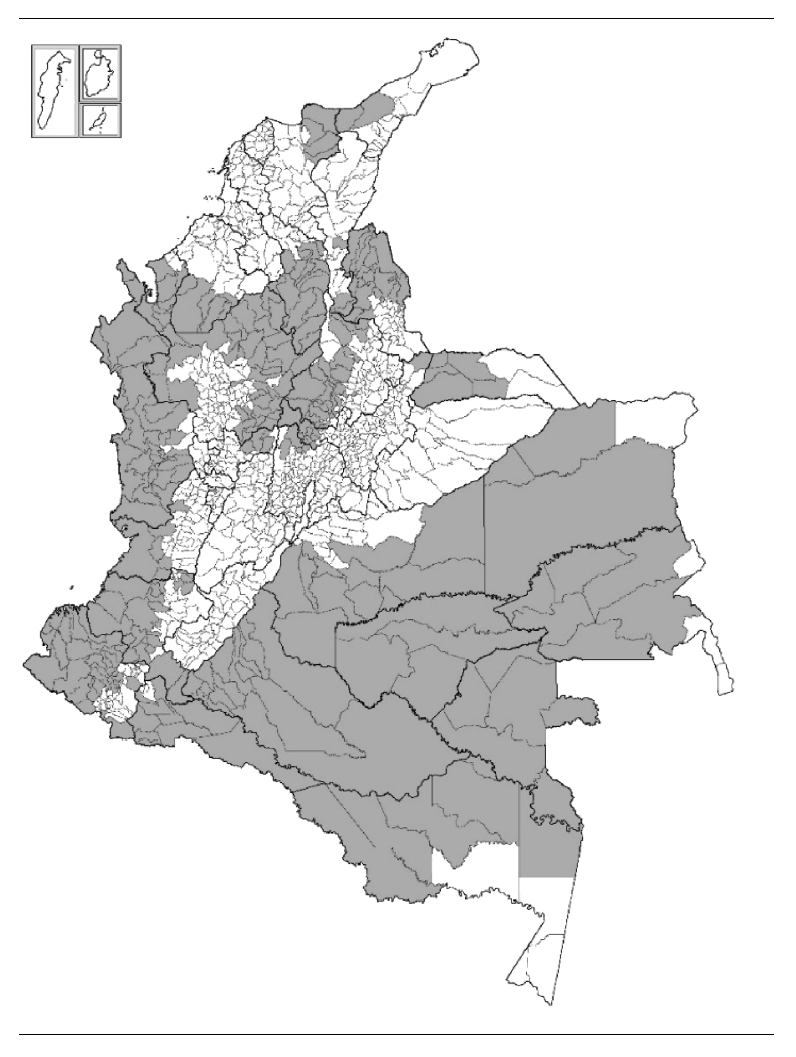 Municipalities with net positive levels of coca, Colombia 2005–2015.