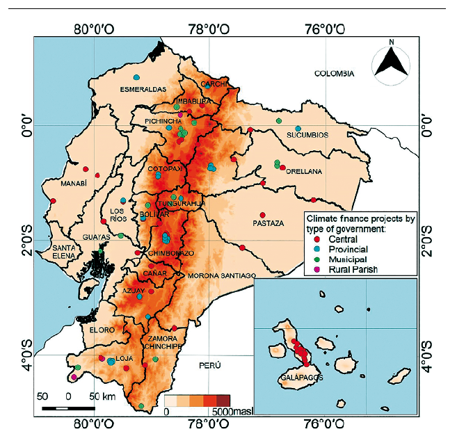 Ecuador’s political division, altitude, and spatial distribution of climate finance projects executed by type of government, period 2008-2019