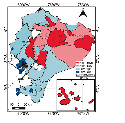 Spatial distribution of the clusters identified with the GWR technique