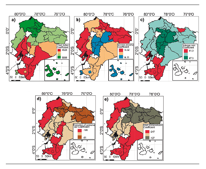 Coefficients for the GWR1 model for adaptation aid: a) Theil Index, b) income poverty, c) intense rain, d), Projection of extreme rain for the RCP4.5 scenario (2016-2040) and e) high temperatures. The jurisdictions in white did not exist before 2010 or have no projects reported in the database.