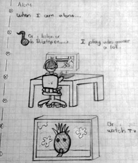 Drawing by a Student Representing Solitude Avoidance through the Use of Technology (Jhon)