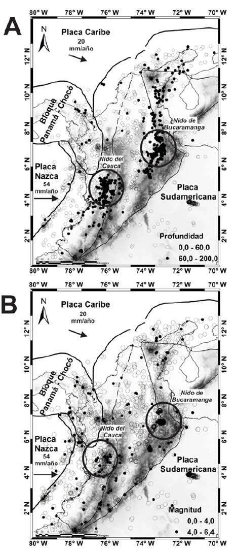 Distribuci&oacute;n de la sismicidad en Colombia entre 2009 y 2014 (Ml>3.0). A: Mapa s&iacute;smico discriminado por profundidad, sismos con profundidades menores a 60 km (c&iacute;rculos vac&iacute;os) y mayores a 60 km (c&iacute;rculos rellenos). B Mapa s&iacute;smico discriminado por magnitud; Sismos menores a 4.0 Ml (c&iacute;rculos vac&iacute;os) y sismos mayores a 4.0 Ml (c&iacute;rculos rellenos). Las regiones encerradas corresponden a los nidos s&iacute;smicos. Datos de la RSNC. 