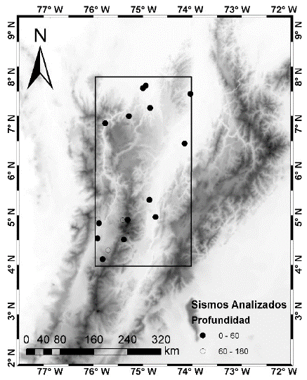 Epicentros de los sismos analizados, recopilados de la RSNC. 