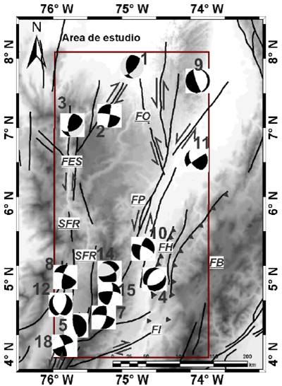 Mapa de mecanismos focales hallados y su relaci&oacute;n con fallas regionales. SFR: Sistema de Fallas de Romeral; FI: Falla Ibagu&eacute;; FB: Falla Bituima; FH: Falla Honda; FP: Falla Palestina; FO: Falla Ot&uacute;; FES: Falla Esp&iacute;ritu Santo
