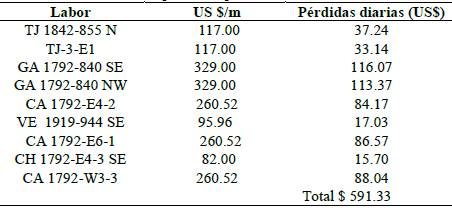 P&eacute;rdidas diarias en d&oacute;lares por incumplimiento en avances. 