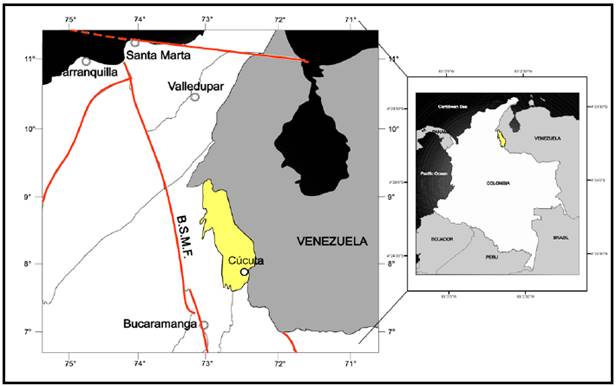 Localizaci&oacute;n de la cuenca del Catatumbo en la cordillera oriental con incidencia del sistema de fallas de Bucaramanga-Santa Marta (B.S.M.F)