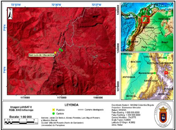 Ubicaci&oacute;n del &aacute;rea de estudio, vista desde el cruce de bandas Landsat 8 en donde los colores marrones a morados representan bajo &iacute;ndice de vegetaci&oacute;n y los colores rojos en intensidad representan un &iacute;ndice de vegetaci&oacute;n alto.