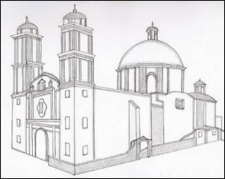 Vista general del Templo del Refugio. Interpretaci&oacute;n gr&aacute;fica por G&oacute;mez, M. (2021).