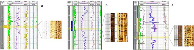 Registro compuesto del pozo FRN-1002ST (a), STC-100 (b) y YUM-400 (c), con el intervalo arcilloso en cada uno de ellos representado en una imagen de FMI.