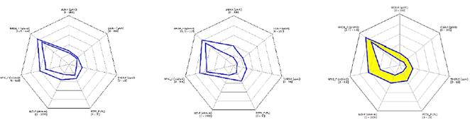 Gr&aacute;ficos de estrella con el promedio de valores m&aacute;ximos y m&iacute;nimos de los intervalos con arcillas arenosas muy plegados en los pozos FRN 1002, STC 100 y comparaci&oacute;n con patr&oacute;n de arena.