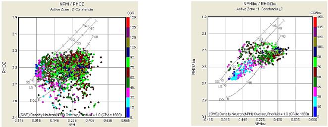 Gr&aacute;fico de propiedades cruzadas que reflejan la composici&oacute;n heterog&eacute;nea de intervalos de los pozos LIT y VDW-1001.