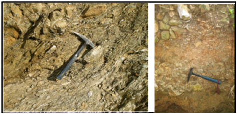 Secuencias de Formaci&oacute;n Vega Alta en superficie. Izquierda: fragmentos y bloques de calizas algunos estratificados, areniscas y silicitas en matriz arcillosa o limo arcillosa. Derecha: Transici&oacute;n del olistostroma grano y matriz sostenido a las facies arcillosas.